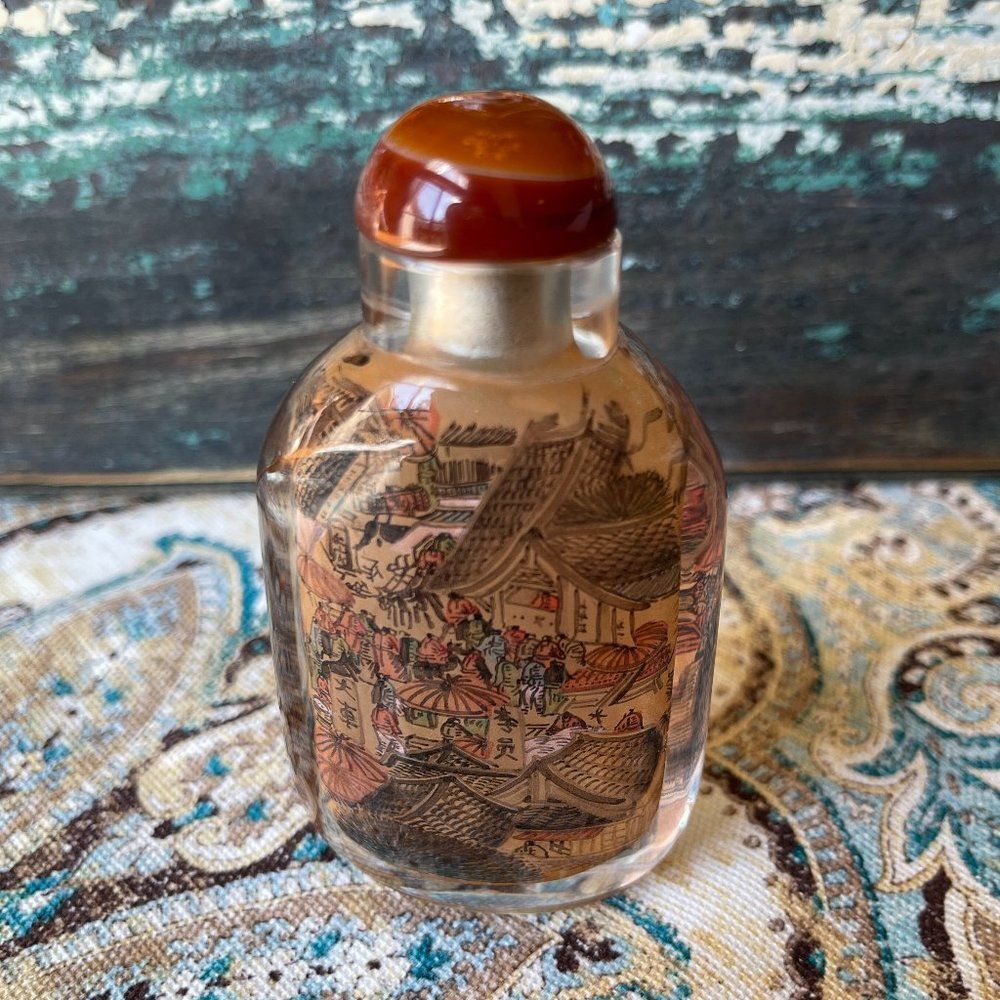 Vintage Asian Reverse Painted Glass Snuff Bottle Detailed Village Market Scene